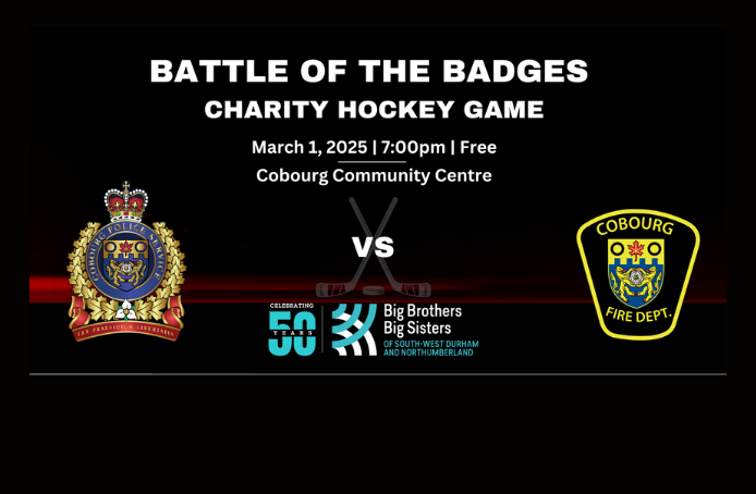 Cobourg Police Service and Cobourg Fire badges with hockey sticks